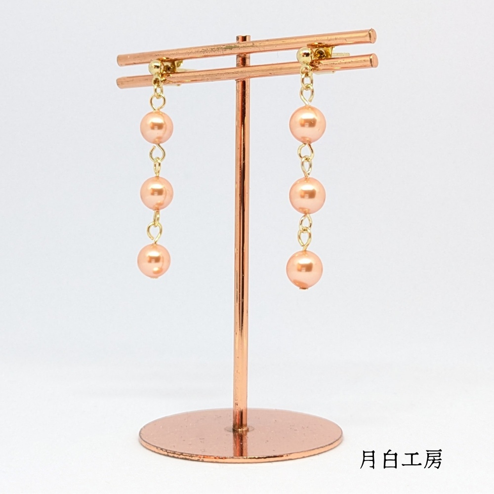 NO.152 クリスタルパール ローズピーチ 約6mm 3連 ピアス