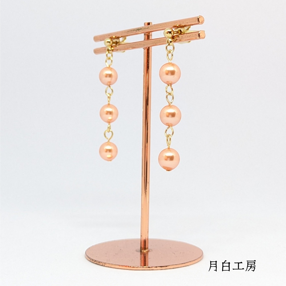 NO.152 クリスタルパール ローズピーチ 約6mm 3連 ピアス