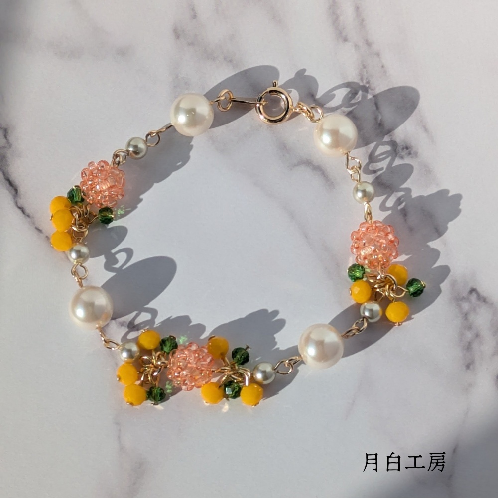NO.153 ビーズボール&シルキーパール【ミモザ】ブレスレット