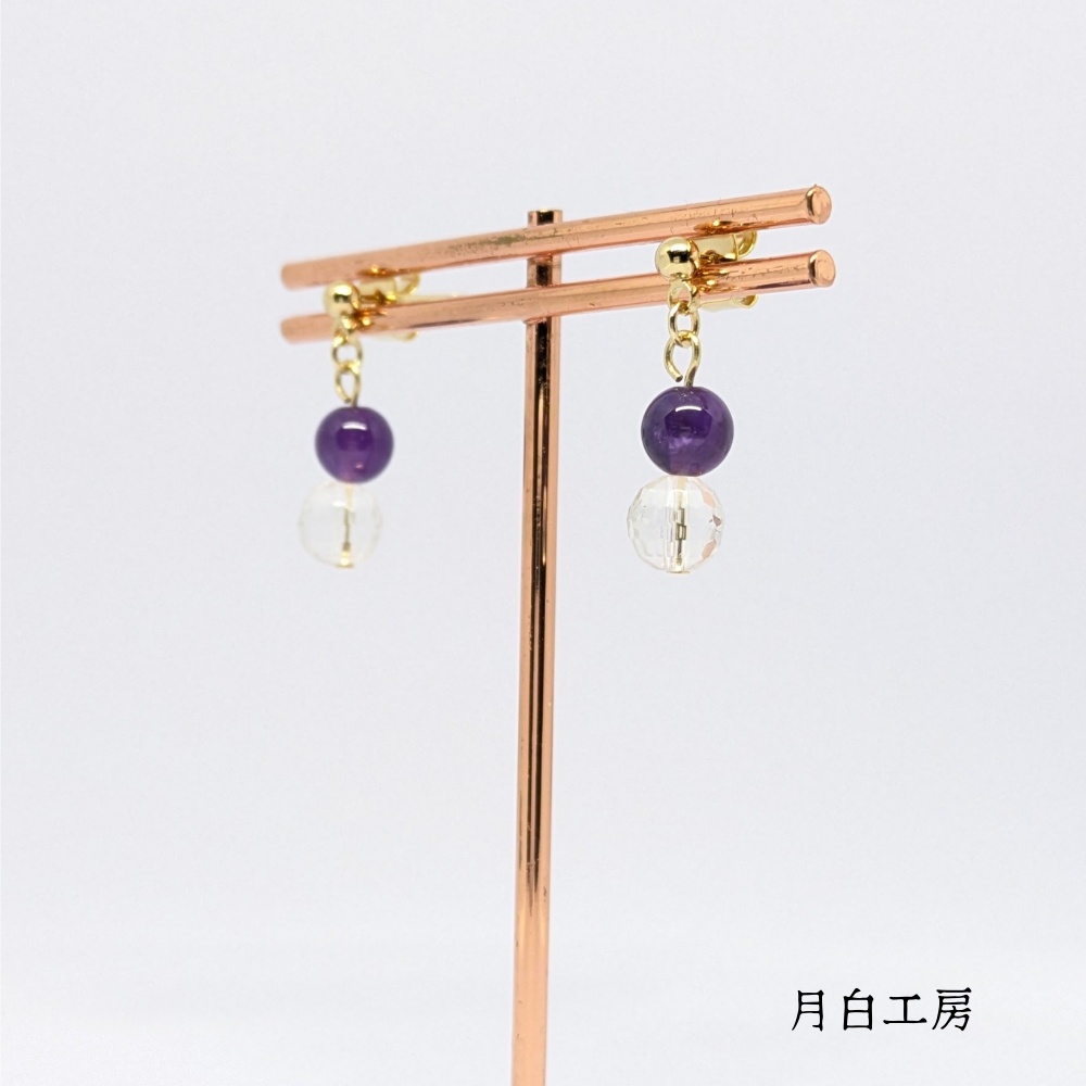 NO.154 天然石 128面カット水晶約6mmとアメジスト約6mm ピアス