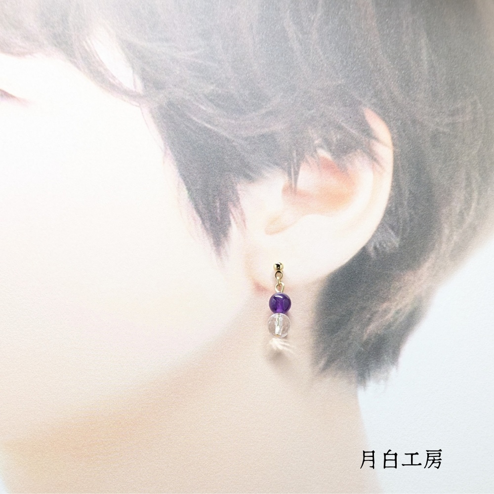NO.154 天然石 128面カット水晶約6mmとアメジスト約6mm ピアス