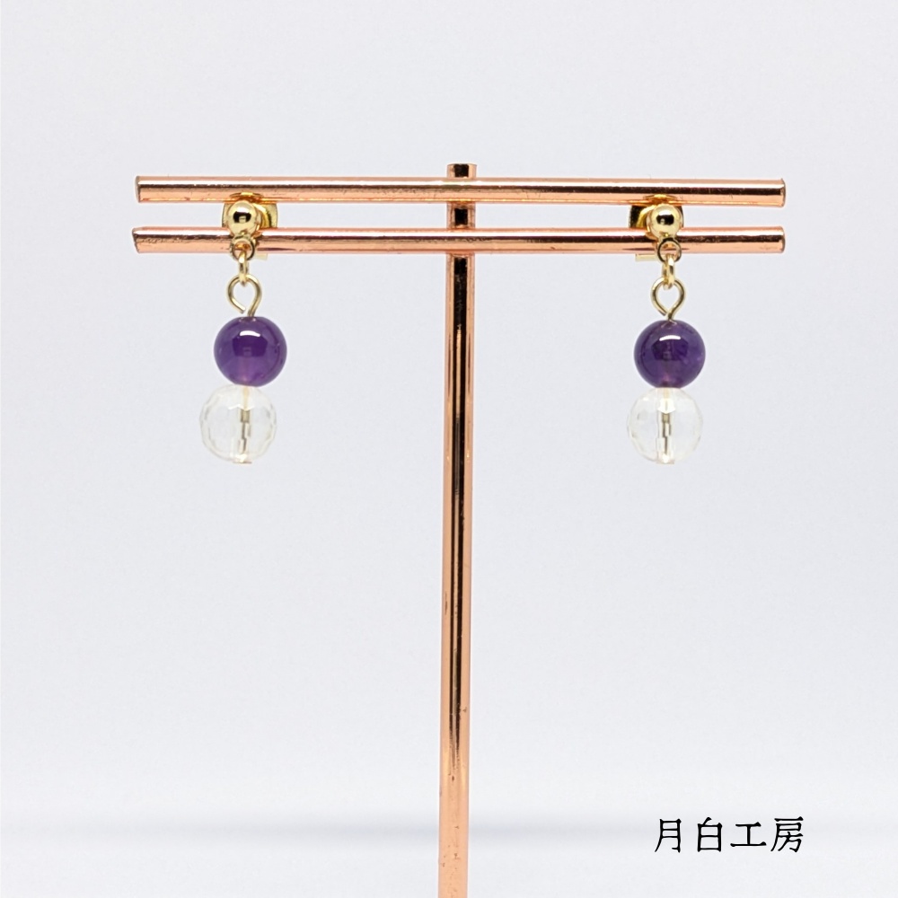 NO.154 天然石 128面カット水晶約6mmとアメジスト約6mm ピアス