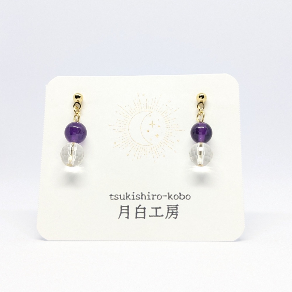 NO.154 天然石 128面カット水晶約6mmとアメジスト約6mm ピアス