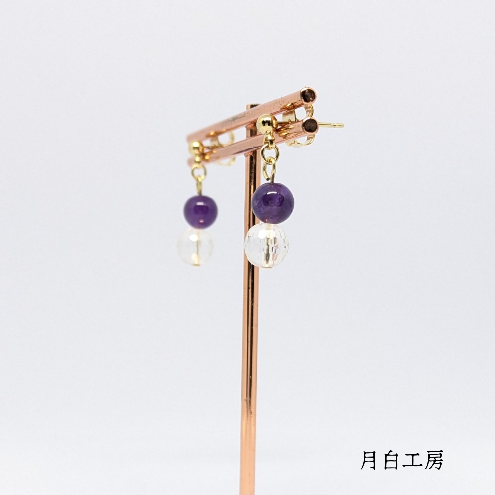 NO.154 天然石 128面カット水晶約6mmとアメジスト約6mm ピアス