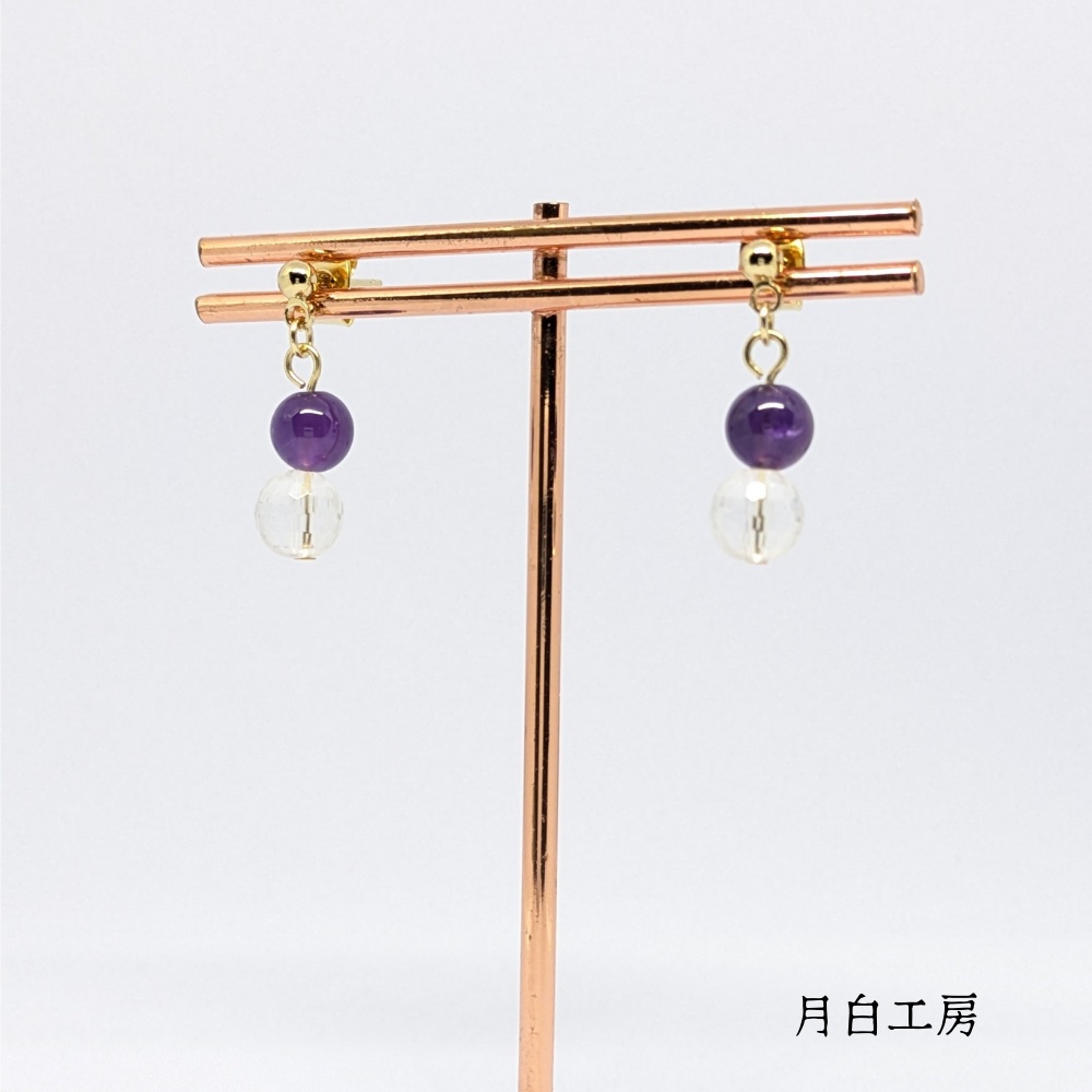NO.154 天然石 128面カット水晶約6mmとアメジスト約6mm ピアス