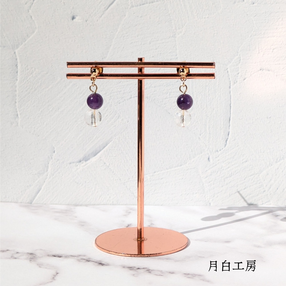 NO.154 天然石 128面カット水晶約6mmとアメジスト約6mm ピアス