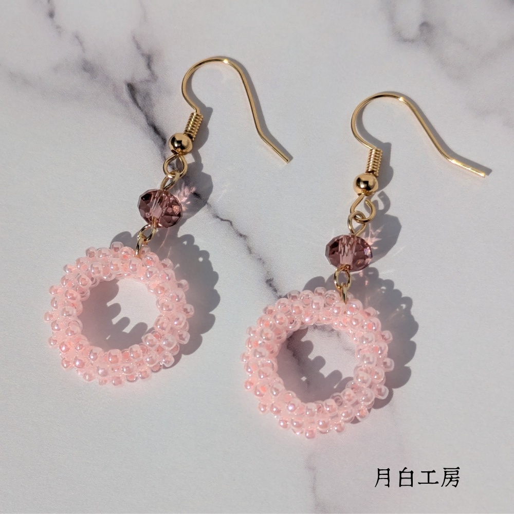 NO.159【2点限定】編み込みビーズフープとクリスタルガラス（ブラッシュローズ）のピアス