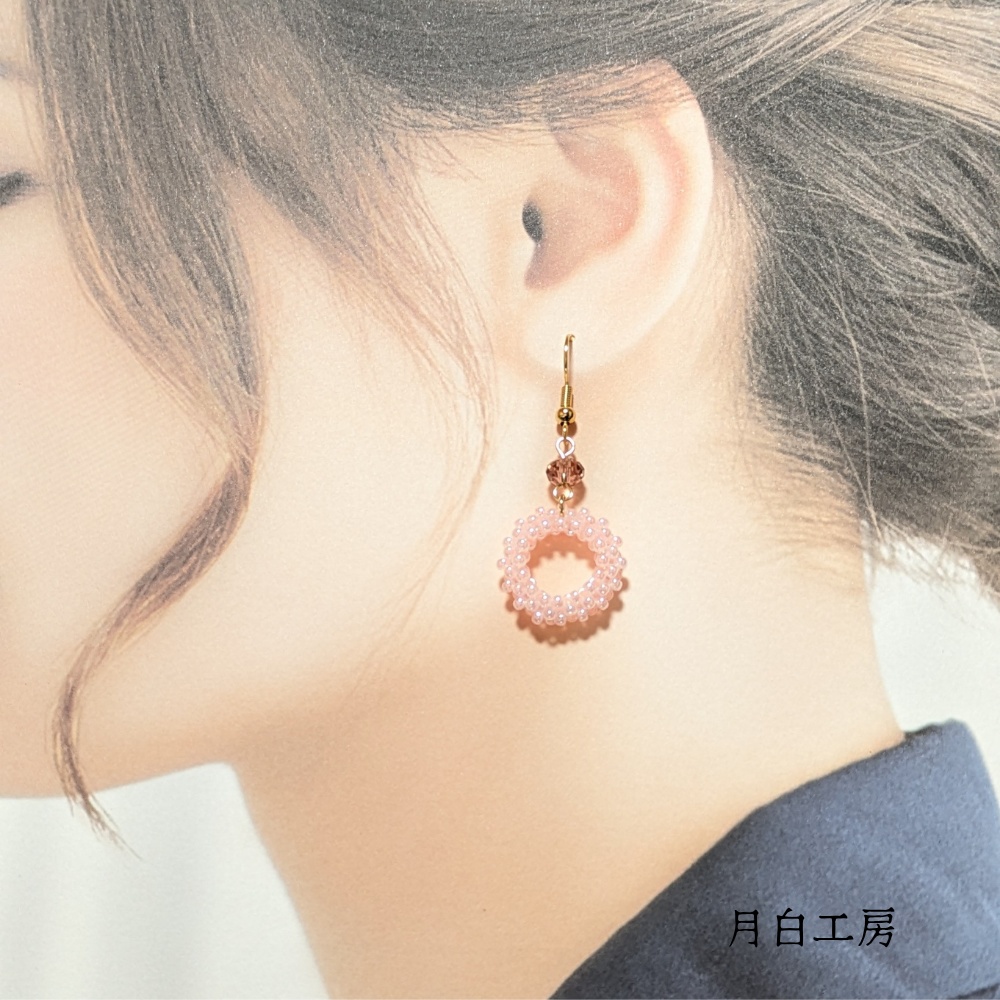 NO.159【2点限定】編み込みビーズフープとクリスタルガラス(ブラッシュローズ)のピアス