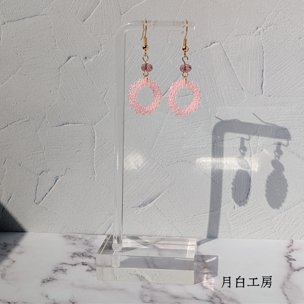 NO.159【2点限定】編み込みビーズフープとクリスタルガラス(ブラッシュローズ)のピアス