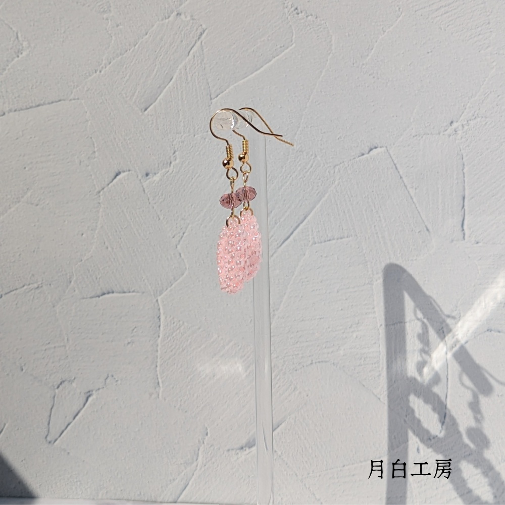 NO.159【2点限定】編み込みビーズフープとクリスタルガラス(ブラッシュローズ)のピアス