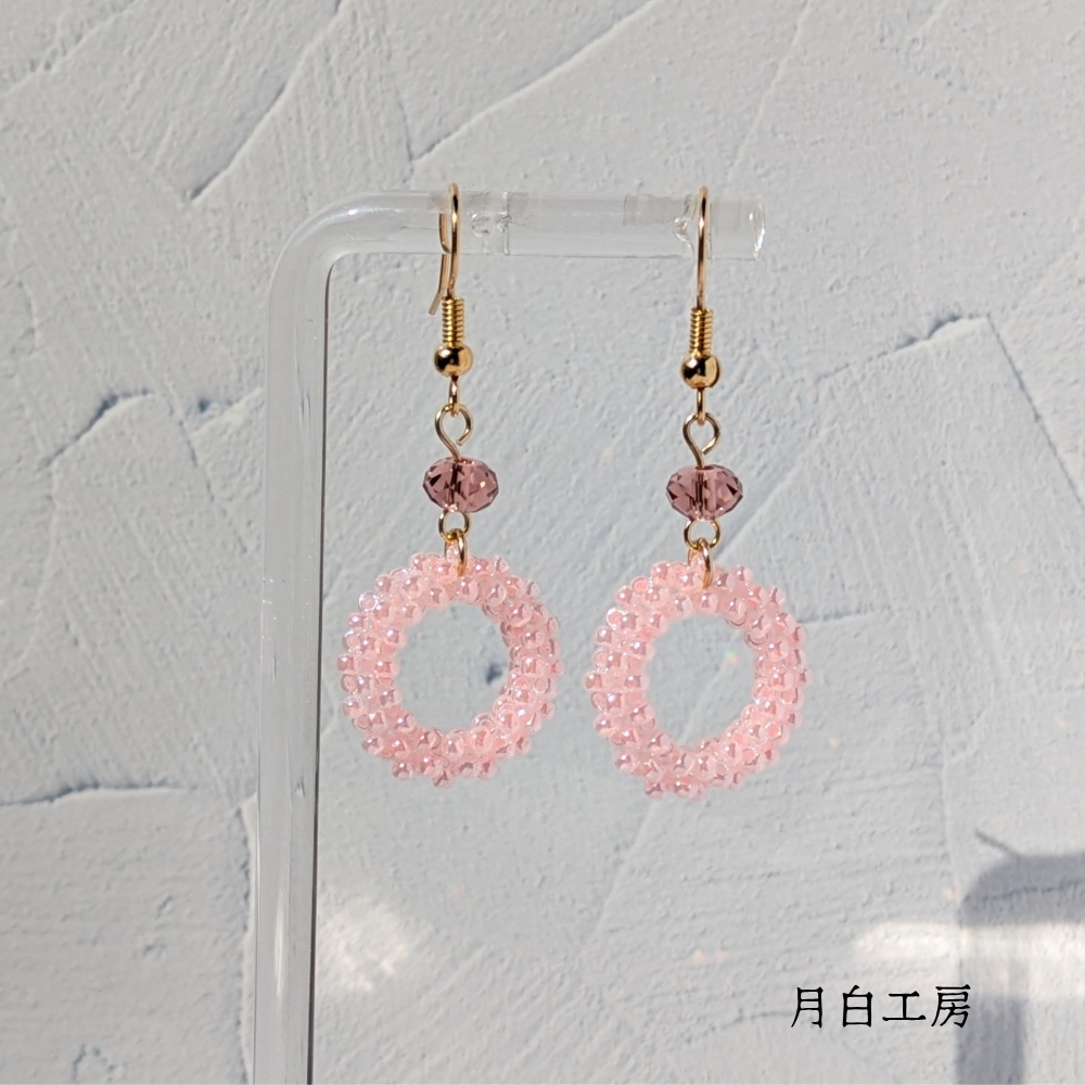 NO.159【2点限定】編み込みビーズフープとクリスタルガラス(ブラッシュローズ)のピアス