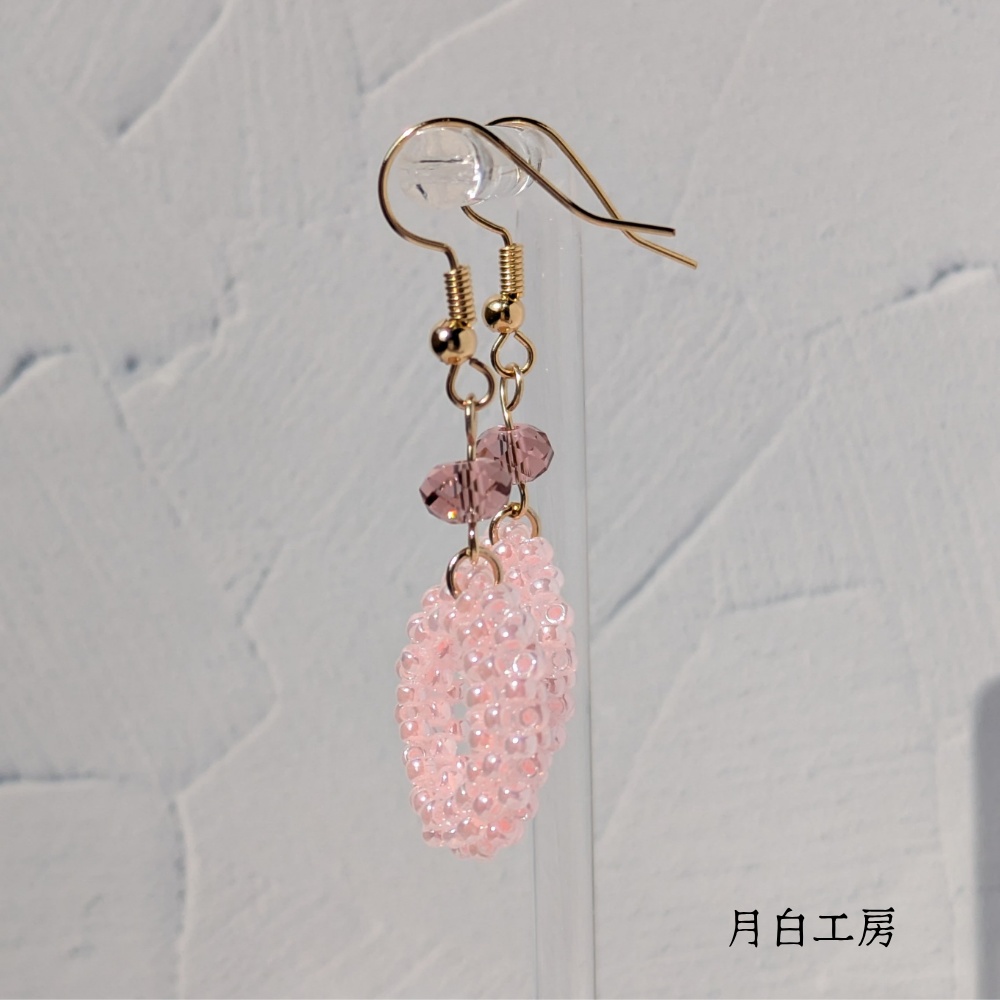 NO.159【2点限定】編み込みビーズフープとクリスタルガラス(ブラッシュローズ)のピアス