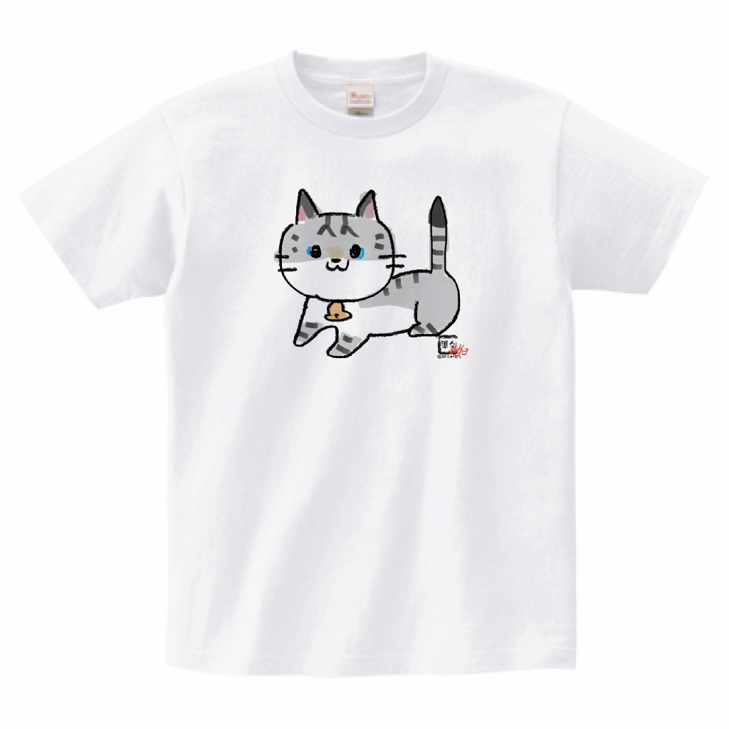 【準々画伯】サバ白猫の銀太　5.6ozTシャツ　ホワイト