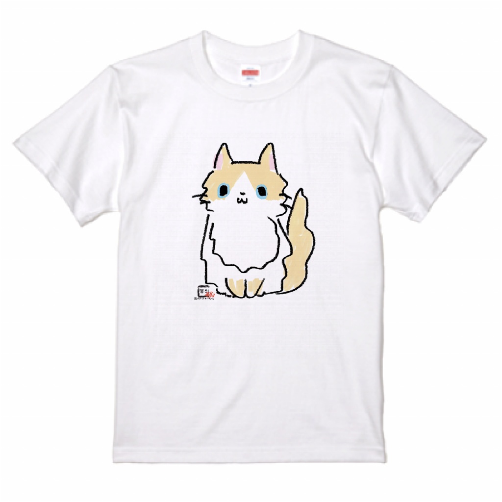 【準々画伯】長毛猫きなこ　5.6ozTシャツ　ホワイト