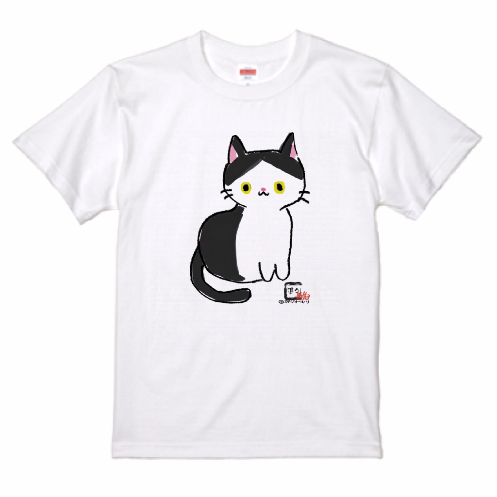 【準々画伯】ハチワレ猫のごま　5.6ozTシャツ　ホワイト