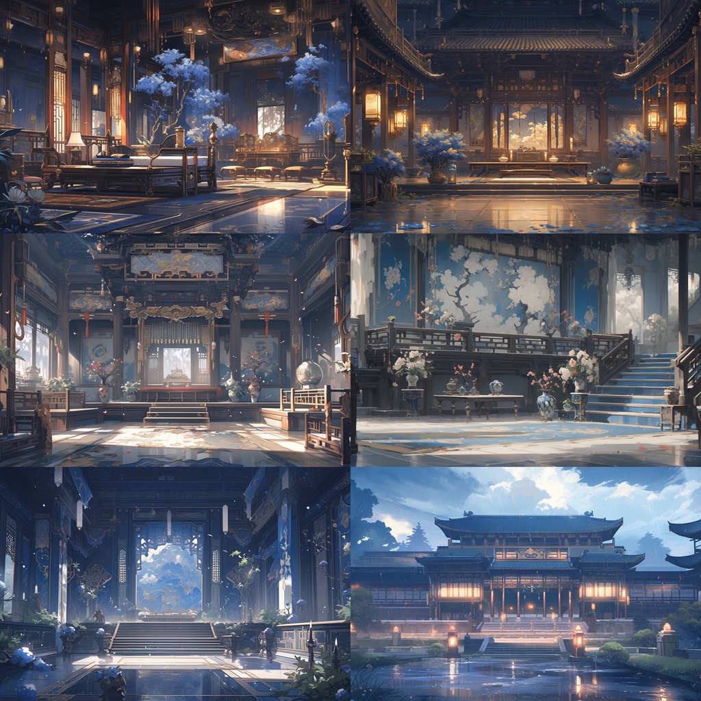 【背景素材】【青】中華風 チャイナ風 古代中国 宮殿 王宮 建築等 内観 外観 背景30枚【画集】【コンセプトアート】