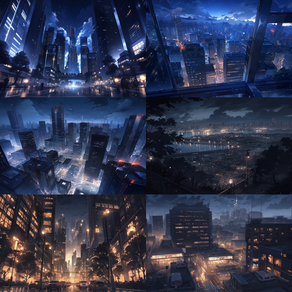 【背景素材】夜景 都会 ビル街 オフィス街 街並み 高層ビル 俯瞰 あおり等 背景30枚【画集】【コンセプトアート】