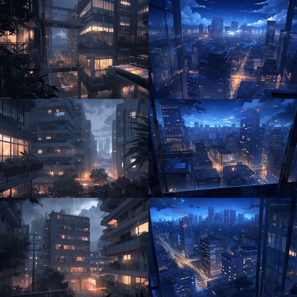 【背景素材】夜景 都会 ビル街 オフィス街 街並み 高層ビル 俯瞰 あおり等 背景30枚【画集】【コンセプトアート】