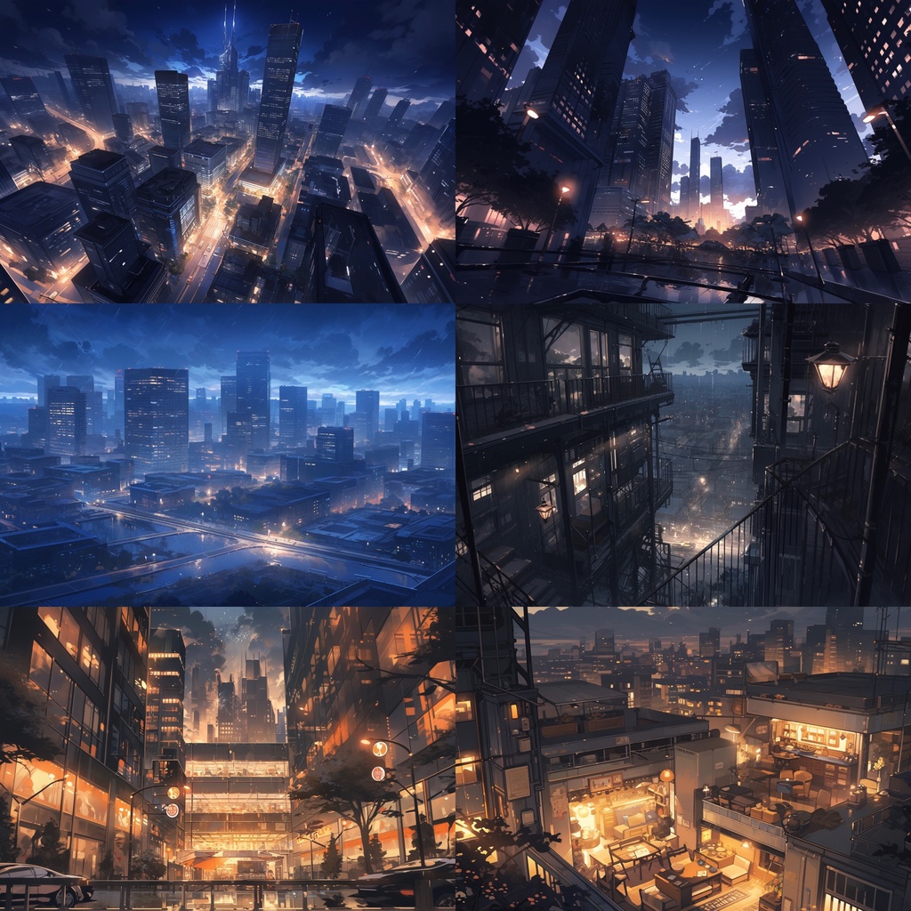 【背景素材】夜景 都会 ビル街 オフィス街 街並み 高層ビル 俯瞰 あおり等 背景30枚【画集】【コンセプトアート】