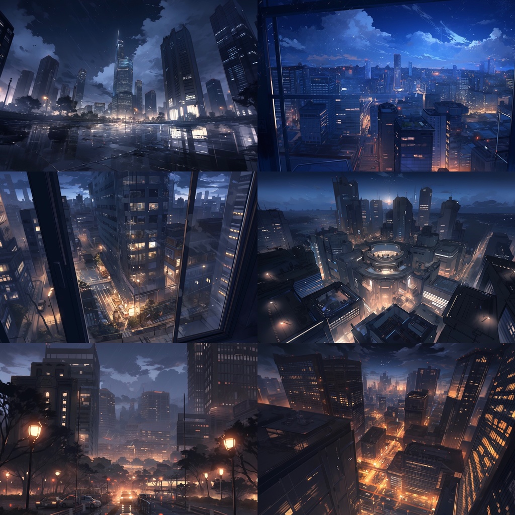 【背景素材】夜景 都会 ビル街 オフィス街 街並み 高層ビル 俯瞰 あおり等 背景30枚【画集】【コンセプトアート】