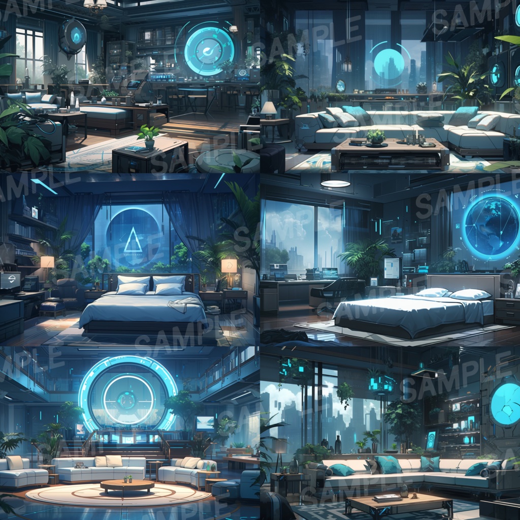 【背景素材】SF風 近未来 サイバーパンク 室内 インテリア 寝室 リビング ダイニング キッチン 建築 内観 背景30枚【画集】【コンセプトアート】