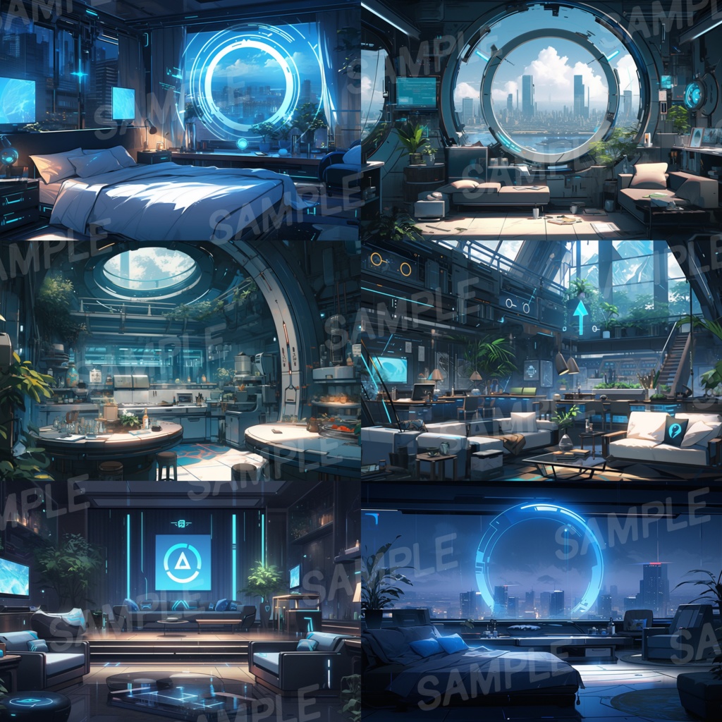 【背景素材】SF風 近未来 サイバーパンク 室内 インテリア 寝室 リビング ダイニング キッチン 建築 内観 背景30枚【画集】【コンセプトアート】