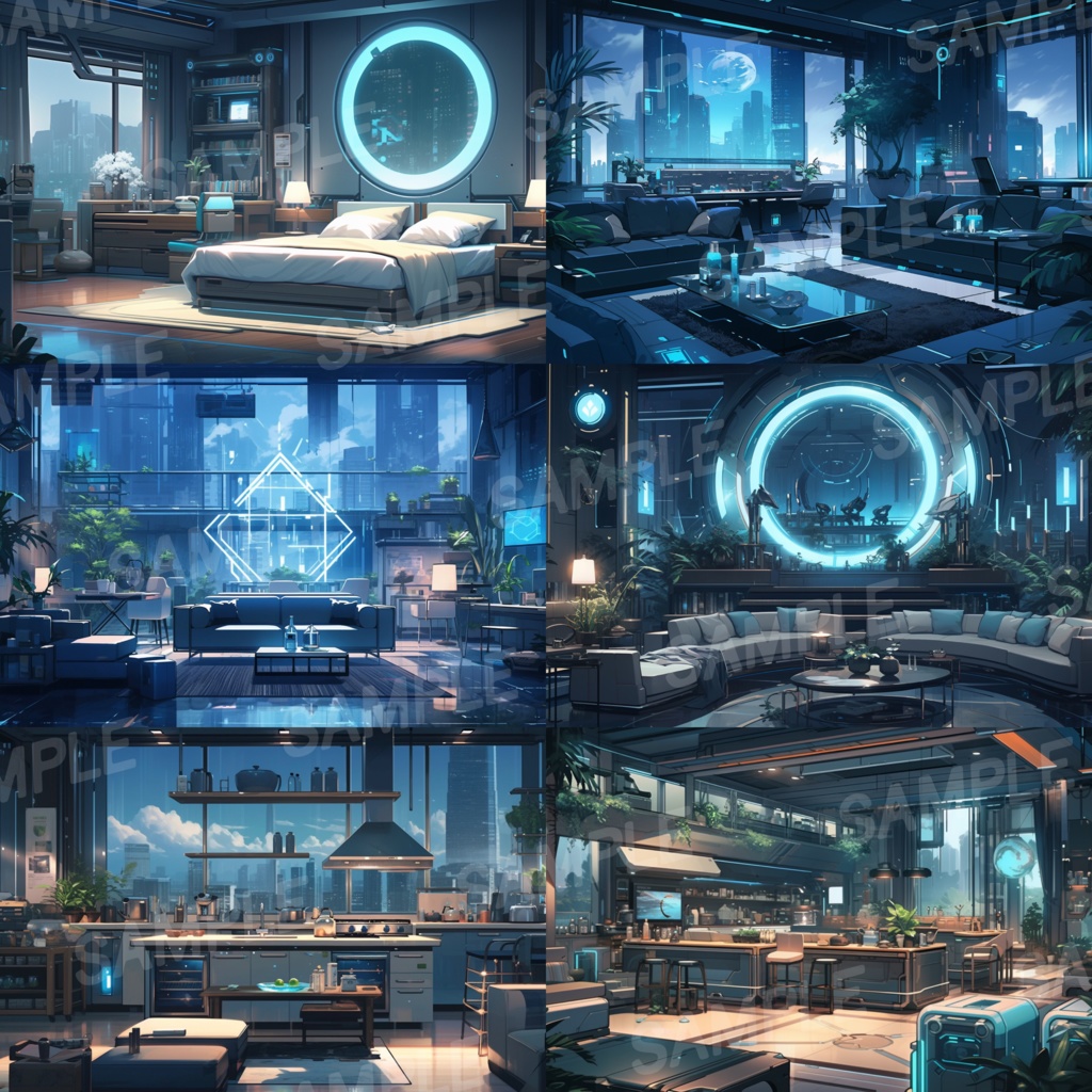 【背景素材】SF風 近未来 サイバーパンク 室内 インテリア 寝室 リビング ダイニング キッチン 建築 内観 背景30枚【画集】【コンセプトアート】