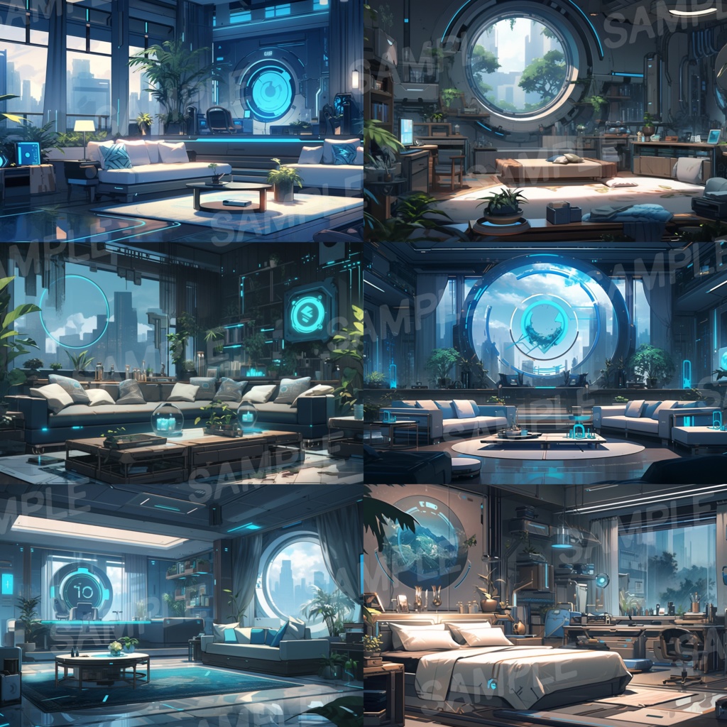 【背景素材】SF風 近未来 サイバーパンク 室内 インテリア 寝室 リビング ダイニング キッチン 建築 内観 背景30枚【画集】【コンセプトアート】