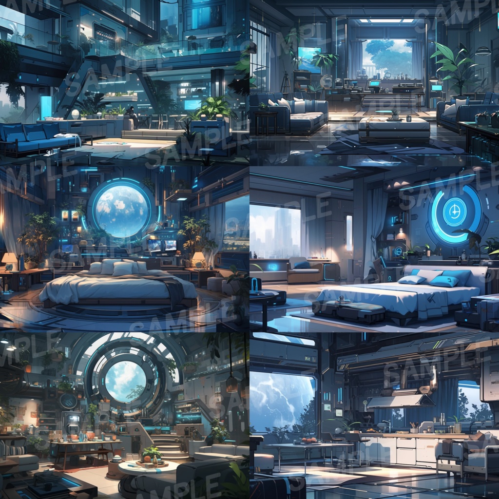 【背景素材】SF風 近未来 サイバーパンク 室内 インテリア 寝室 リビング ダイニング キッチン 建築 内観 背景30枚【画集】【コンセプトアート】