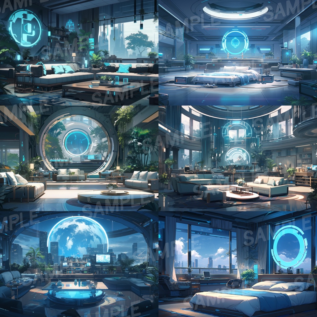 【背景素材】SF風 近未来 サイバーパンク 室内 インテリア 寝室 リビング ダイニング レストラン バー ホール ロビー ラウンジ 建築 内観 外観 背景90枚【画集】【コンセプトアート】