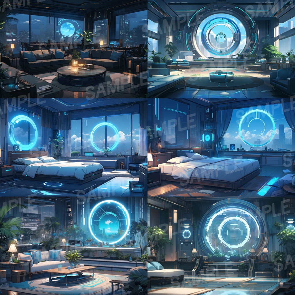 【背景素材】SF風 近未来 サイバーパンク 室内 インテリア 寝室 リビング ダイニング レストラン バー ホール ロビー ラウンジ 建築 内観 外観 背景90枚【画集】【コンセプトアート】