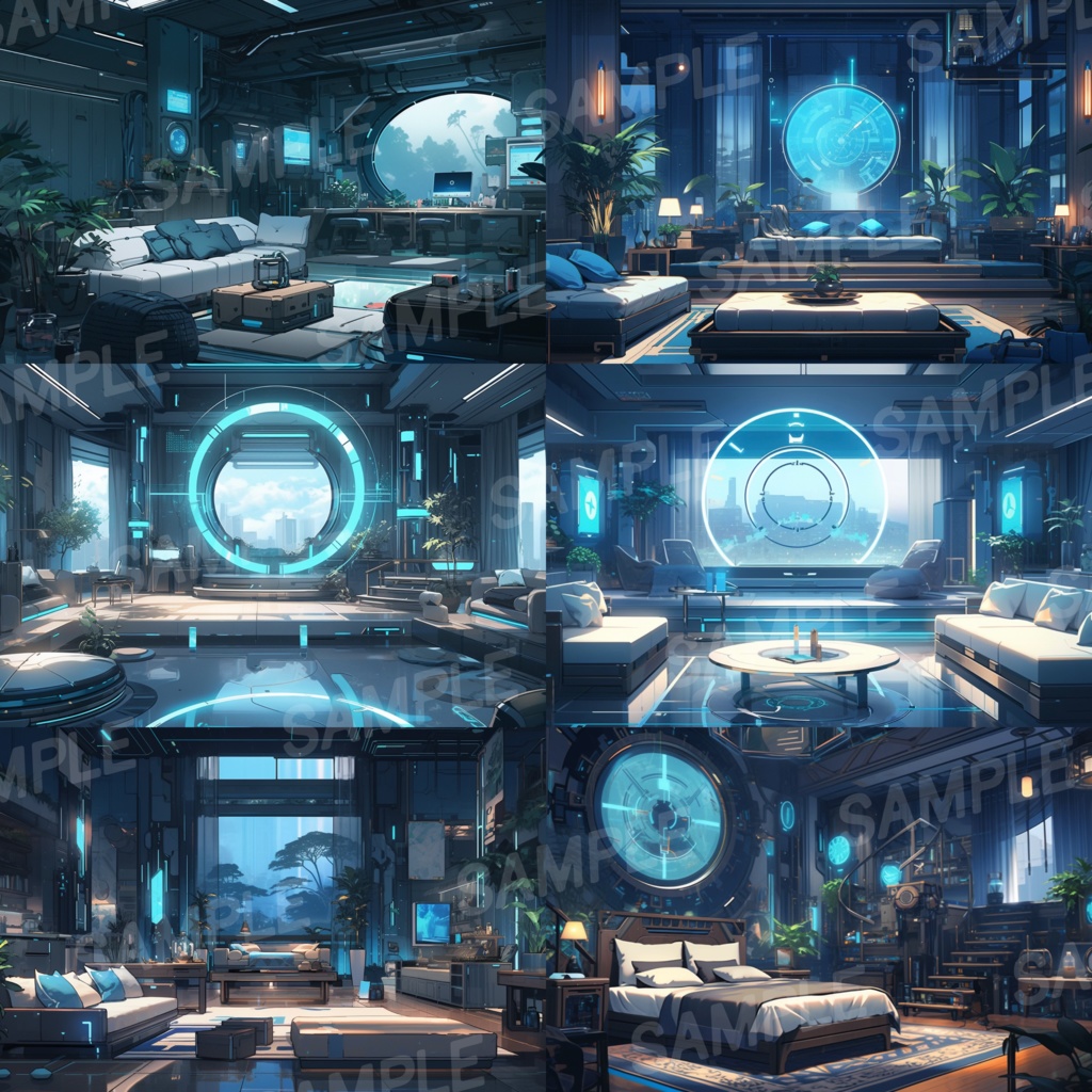 【背景素材】SF風 近未来 サイバーパンク 室内 インテリア 寝室 リビング ダイニング レストラン バー ホール ロビー ラウンジ 建築 内観 外観 背景90枚【画集】【コンセプトアート】