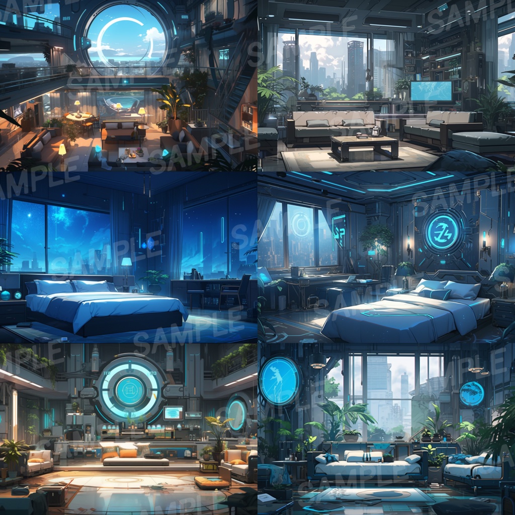 【背景素材】SF風 近未来 サイバーパンク 室内 インテリア 寝室 リビング ダイニング レストラン バー ホール ロビー ラウンジ 建築 内観 外観 背景90枚【画集】【コンセプトアート】