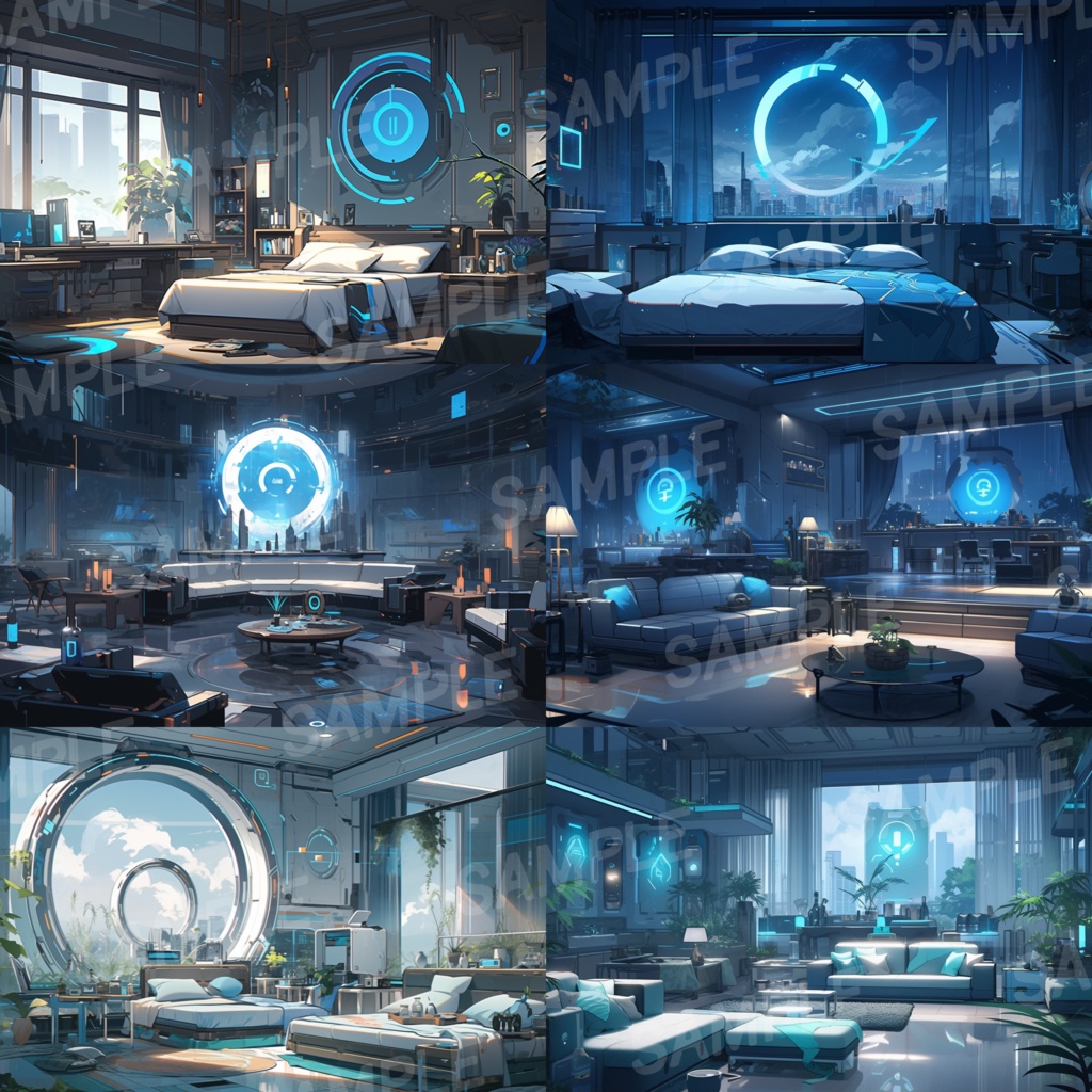 【背景素材】SF風 近未来 サイバーパンク 室内 インテリア 寝室 リビング ダイニング レストラン バー ホール ロビー ラウンジ 建築 内観 外観 背景90枚【画集】【コンセプトアート】