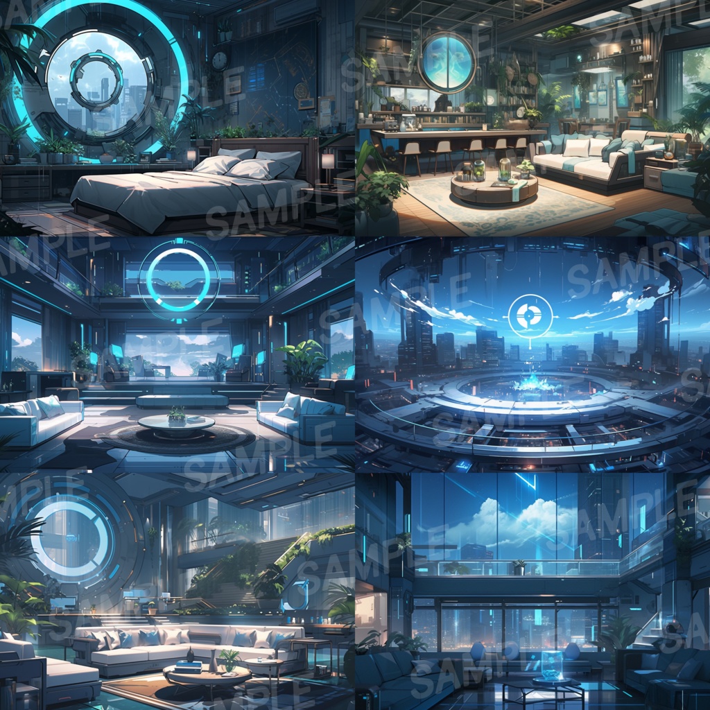 【背景素材】SF風 近未来 サイバーパンク 室内 インテリア 寝室 リビング ダイニング レストラン バー ホール ロビー ラウンジ 建築 内観 外観 背景90枚【画集】【コンセプトアート】