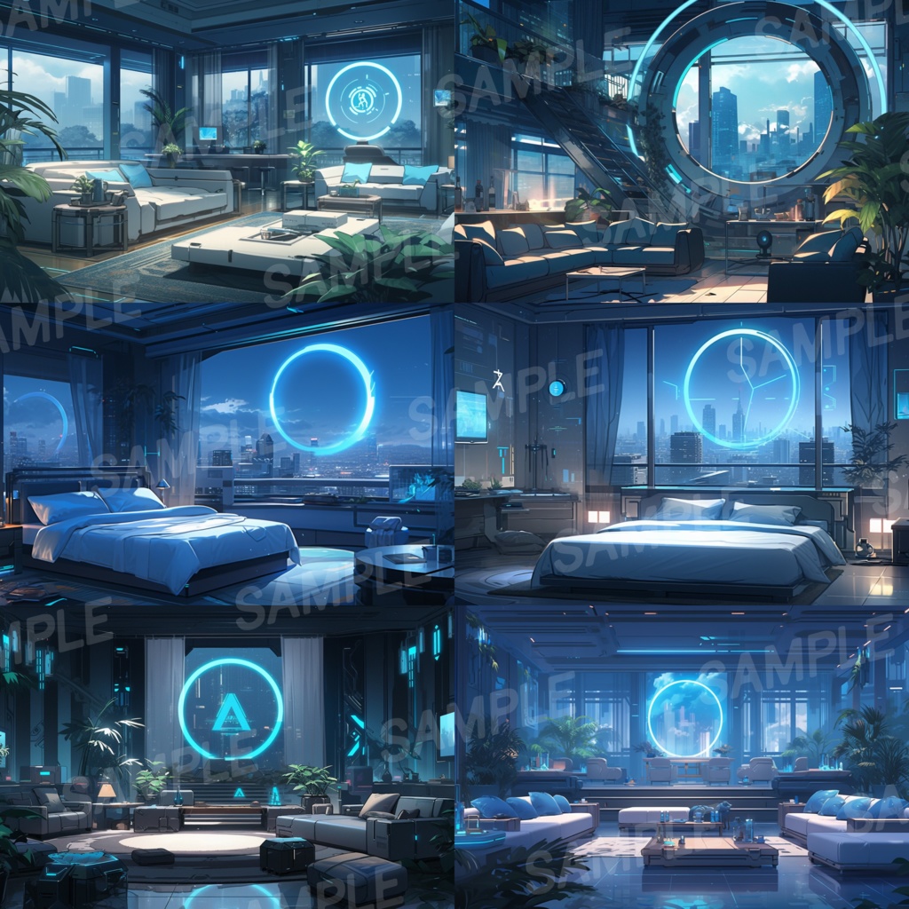 【背景素材】SF風 近未来 サイバーパンク 室内 インテリア 寝室 リビング ダイニング レストラン バー ホール ロビー ラウンジ 建築 内観 外観 背景90枚【画集】【コンセプトアート】