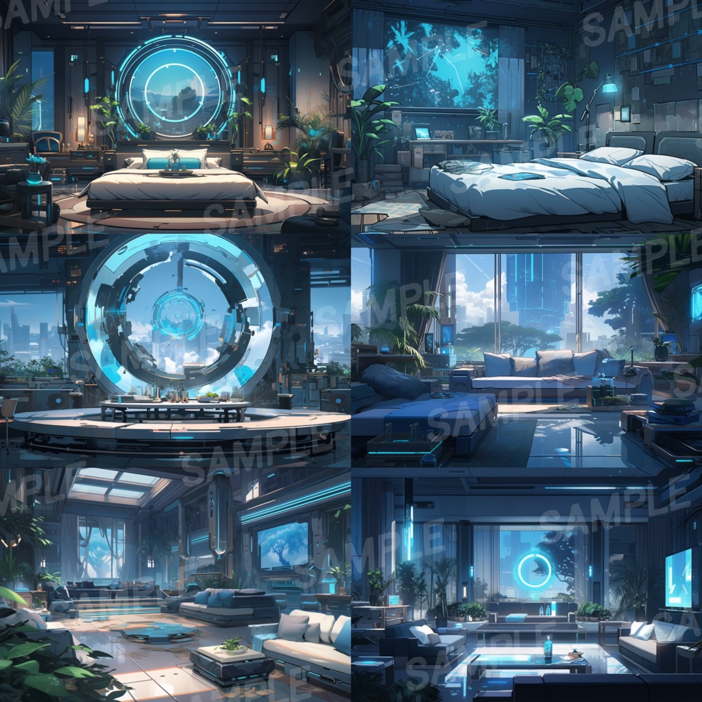 【背景素材】SF風 近未来 サイバーパンク 室内 インテリア 寝室 リビング ダイニング レストラン バー ホール ロビー ラウンジ 建築 内観 外観 背景90枚【画集】【コンセプトアート】