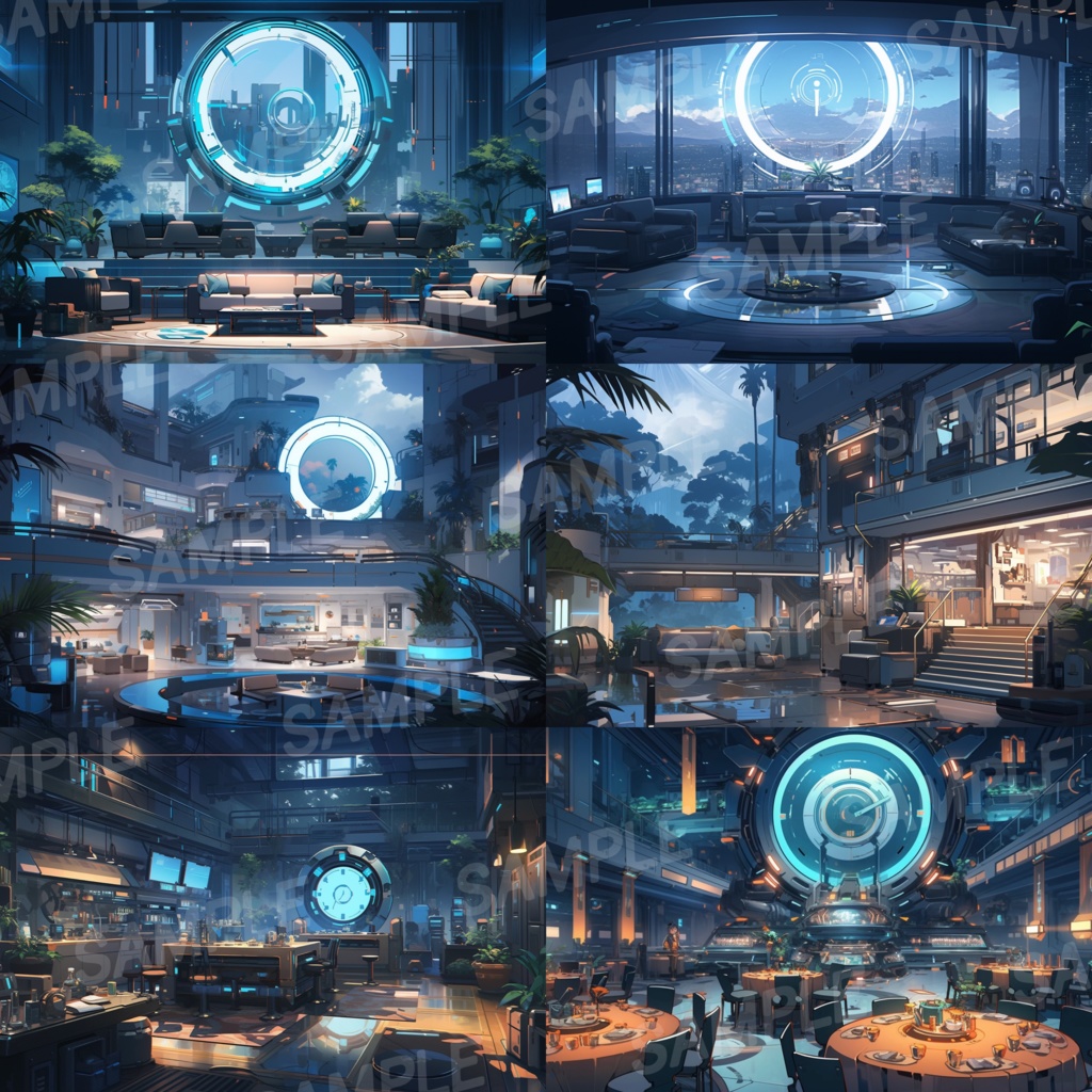 【背景素材】SF風 近未来 サイバーパンク 室内 インテリア 寝室 リビング ダイニング レストラン バー ホール ロビー ラウンジ 建築 内観 外観 背景90枚【画集】【コンセプトアート】