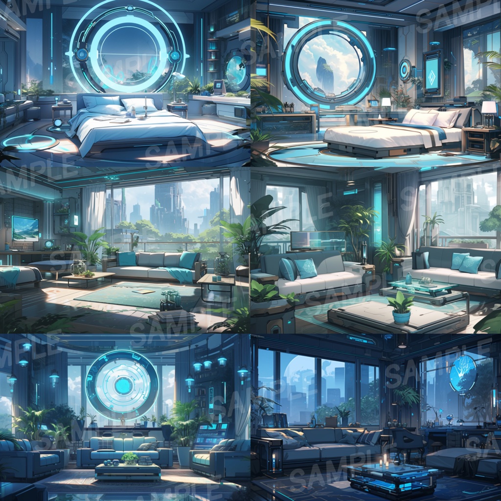 【背景素材】SF風 近未来 サイバーパンク 室内 インテリア 寝室 リビング ダイニング レストラン バー ホール ロビー ラウンジ 建築 内観 外観 背景90枚【画集】【コンセプトアート】