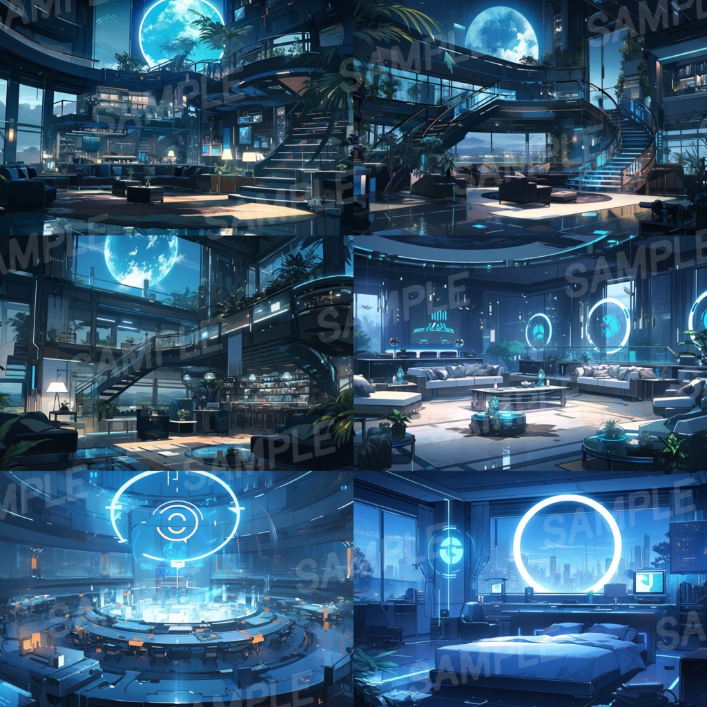 【背景素材】SF風 近未来 サイバーパンク 室内 インテリア 寝室 リビング ダイニング レストラン バー ホール ロビー ラウンジ 建築 内観 外観 背景90枚【画集】【コンセプトアート】