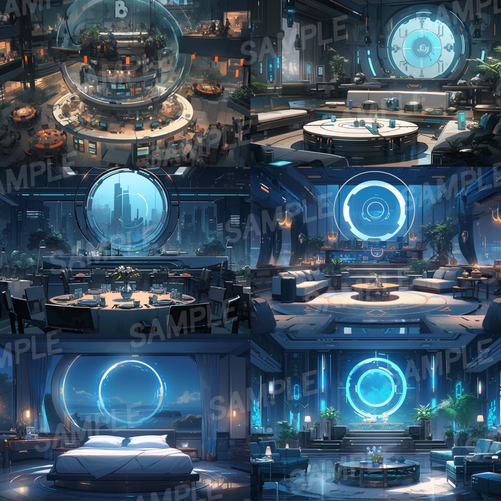 【背景素材】SF風 近未来 サイバーパンク 室内 インテリア 寝室 リビング ダイニング レストラン バー ホール ロビー ラウンジ 建築 内観 外観 背景90枚【画集】【コンセプトアート】