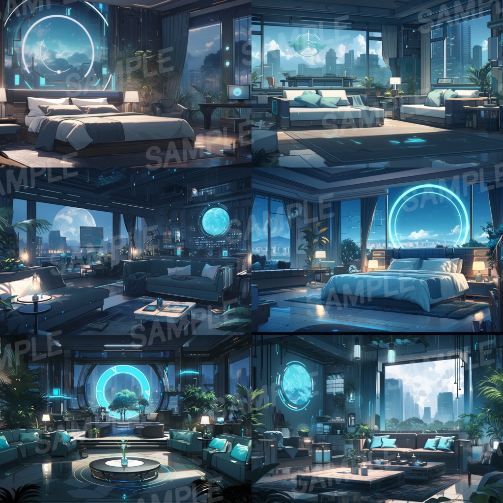 【背景素材】SF風 近未来 サイバーパンク 室内 インテリア 寝室 リビング ダイニング レストラン バー ホール ロビー ラウンジ 建築 内観 外観 背景90枚【画集】【コンセプトアート】