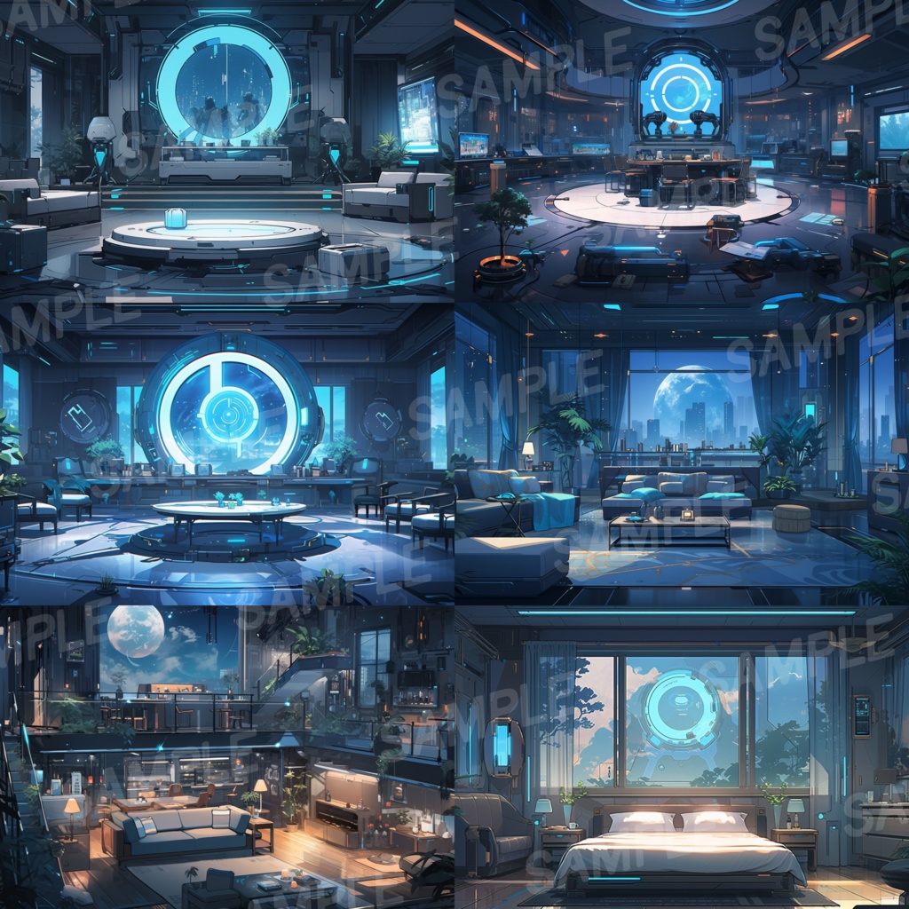 【背景素材】SF風 近未来 サイバーパンク 室内 インテリア 寝室 リビング ダイニング レストラン バー ホール ロビー ラウンジ 建築 内観 外観 背景90枚【画集】【コンセプトアート】