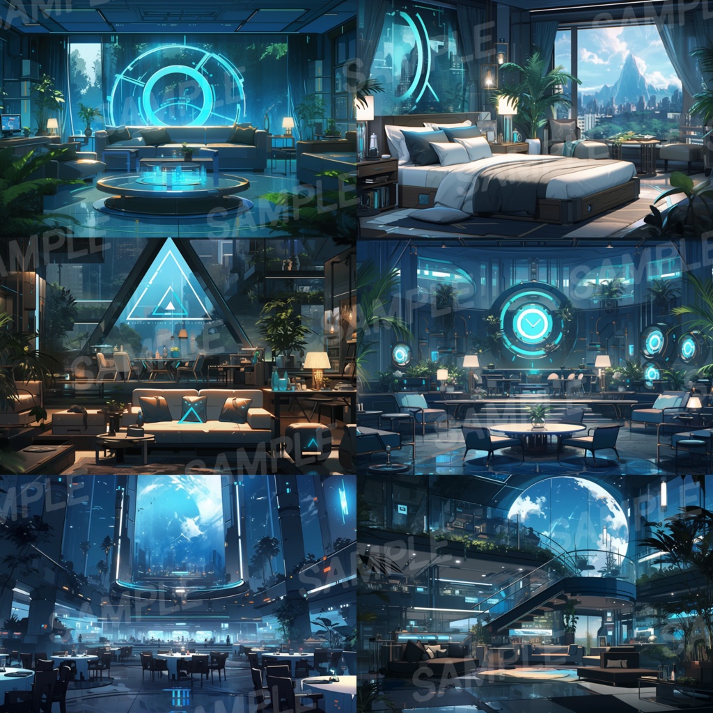 【背景素材】SF風ホテル 高級ホテル 近未来 サイバーパンク 室内 客室 スイートルーム インテリア 寝室 リビング ロビー ラウンジ ホール レストラン等 建築 内観 背景30枚【画集】【コンセプトアート】