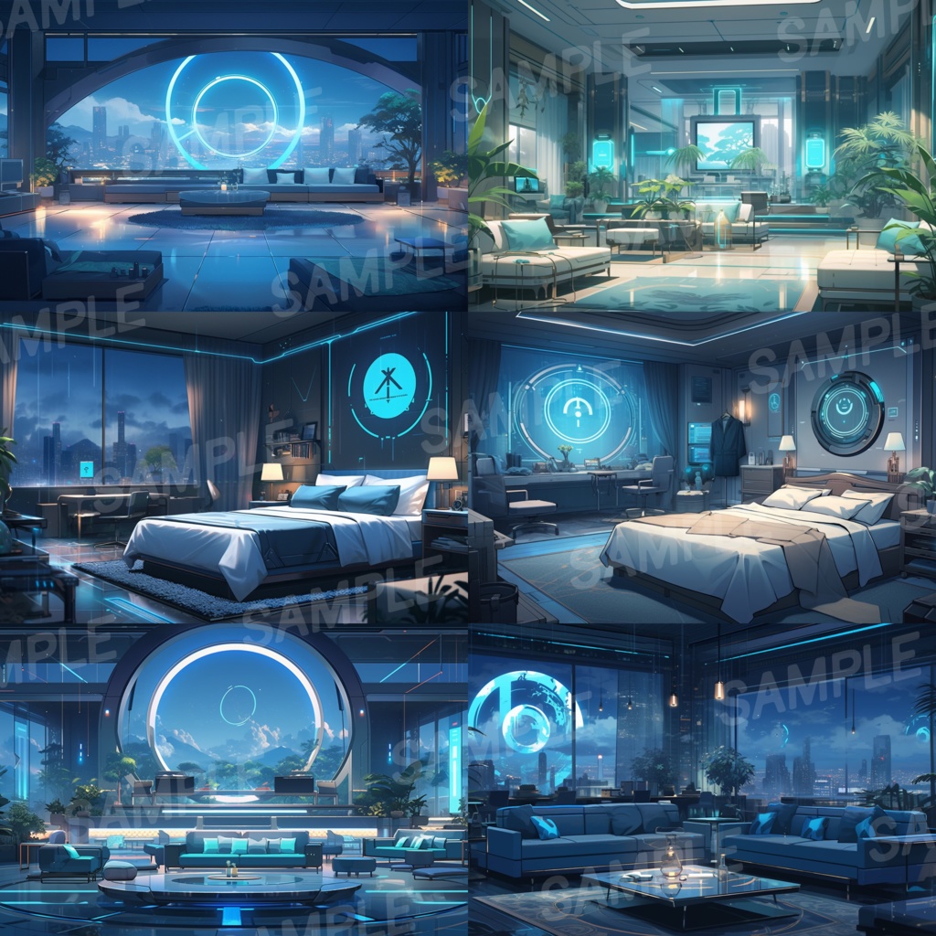 【背景素材】SF風ホテル 高級ホテル 近未来 サイバーパンク 室内 客室 スイートルーム インテリア 寝室 リビング ロビー ラウンジ ホール レストラン等 建築 内観 背景30枚【画集】【コンセプトアート】