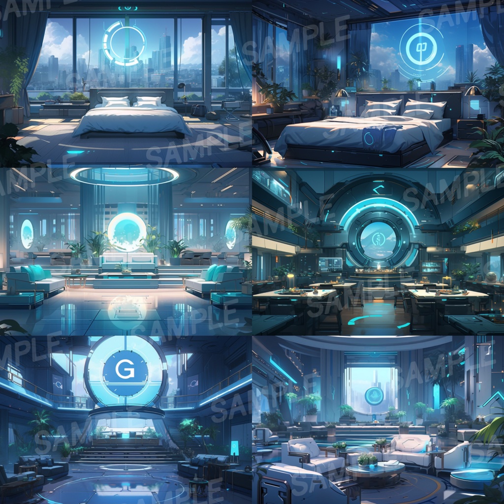 【背景素材】SF風ホテル 高級ホテル 近未来 サイバーパンク 室内 客室 スイートルーム インテリア 寝室 リビング ロビー ラウンジ ホール レストラン等 建築 内観 背景30枚【画集】【コンセプトアート】