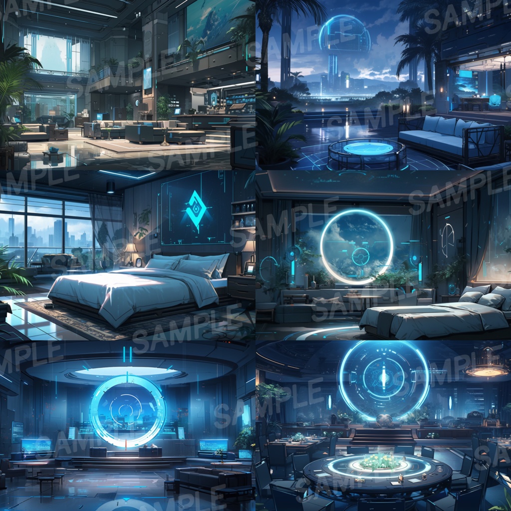 【背景素材】SF風ホテル 高級ホテル 近未来 サイバーパンク 室内 客室 スイートルーム インテリア 寝室 リビング ロビー ラウンジ ホール レストラン等 建築 内観 背景30枚【画集】【コンセプトアート】