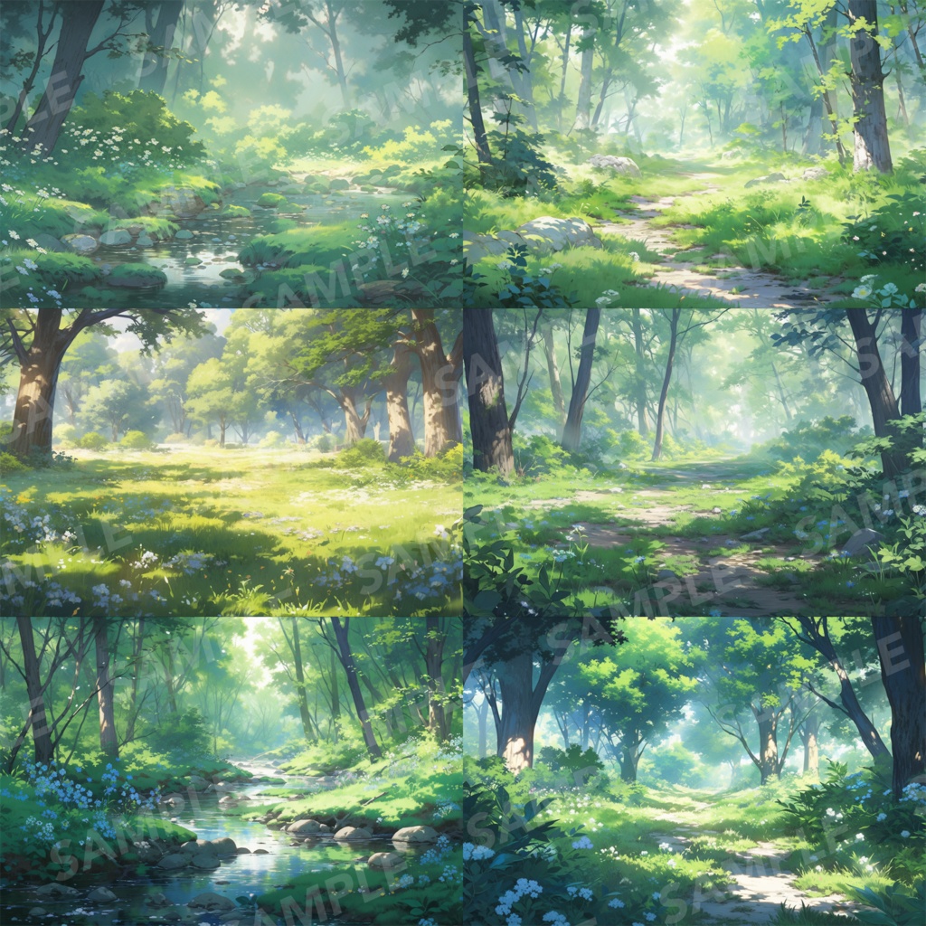 【背景素材】【朝】森林 草むら 小川 森 木 緑 草 花 自然 川 小道 植物 自然 山中 ジャングル フォレスト 色彩 背景30枚【画集】【コンセプトアート】