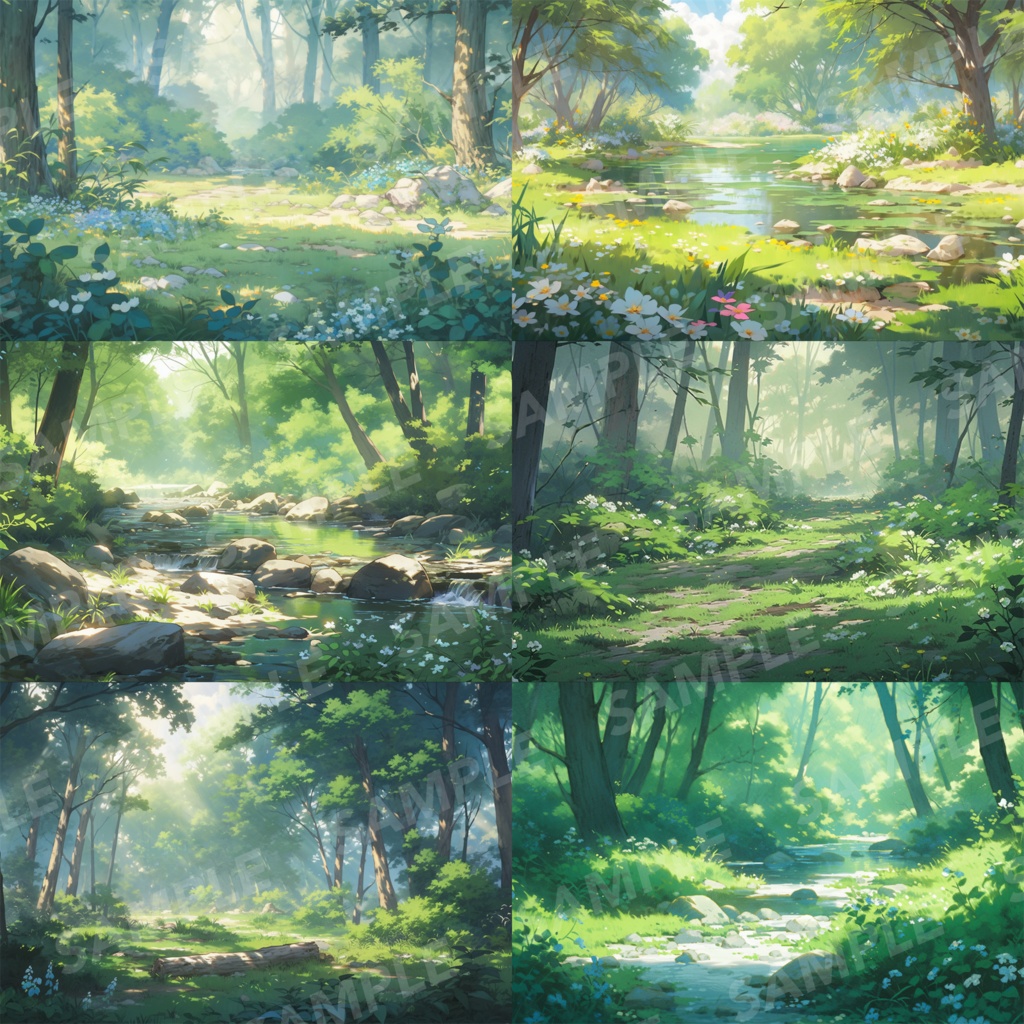 【背景素材】【朝】森林 草むら 小川 森 木 緑 草 花 自然 川 小道 植物 自然 山中 ジャングル フォレスト 色彩 背景30枚【画集】【コンセプトアート】