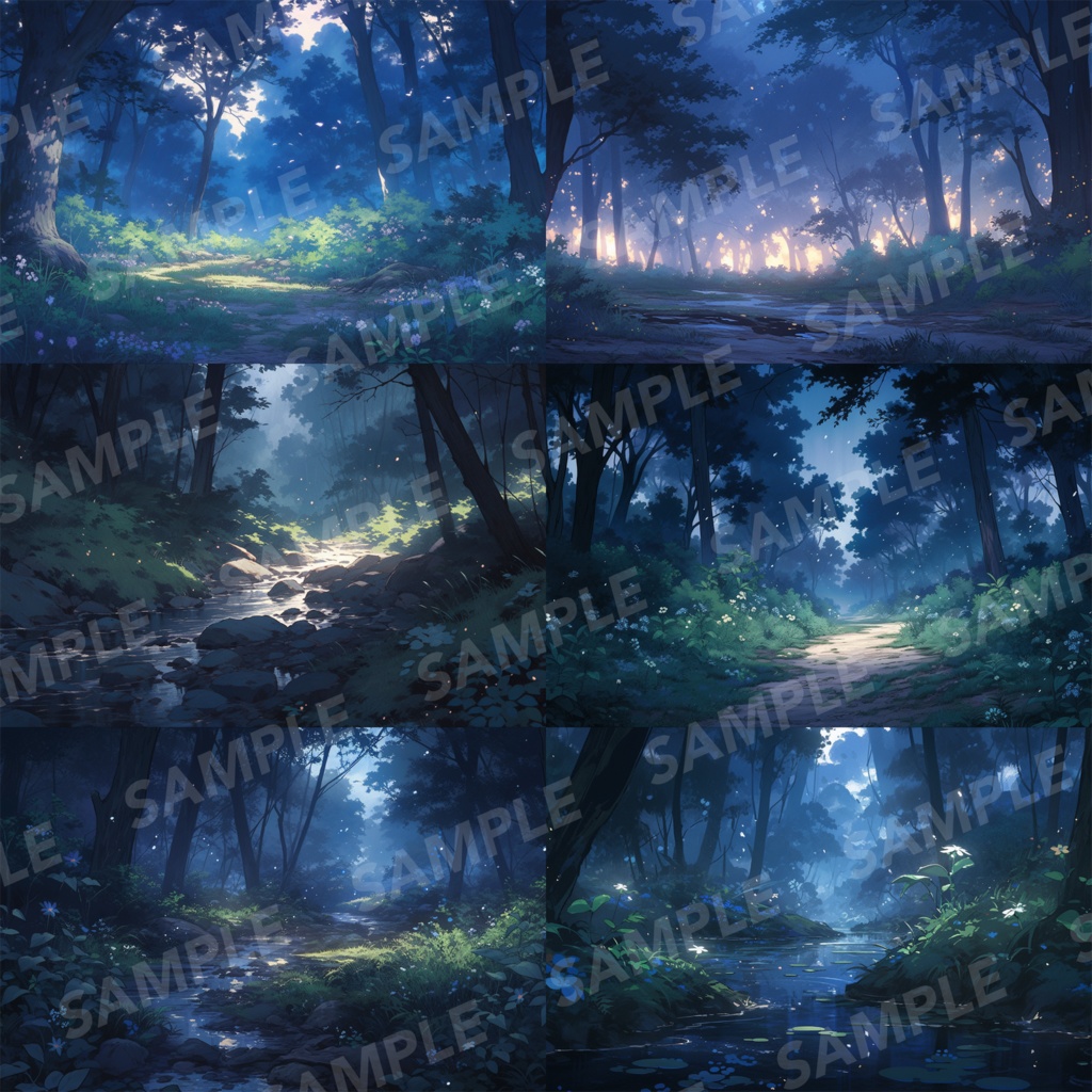 【背景素材】【夜】森林 草むら 小川 森 木 緑 草 花 自然 川 小道 植物 自然 山中 ジャングル フォレスト 色彩 背景30枚【画集】【コンセプトアート】